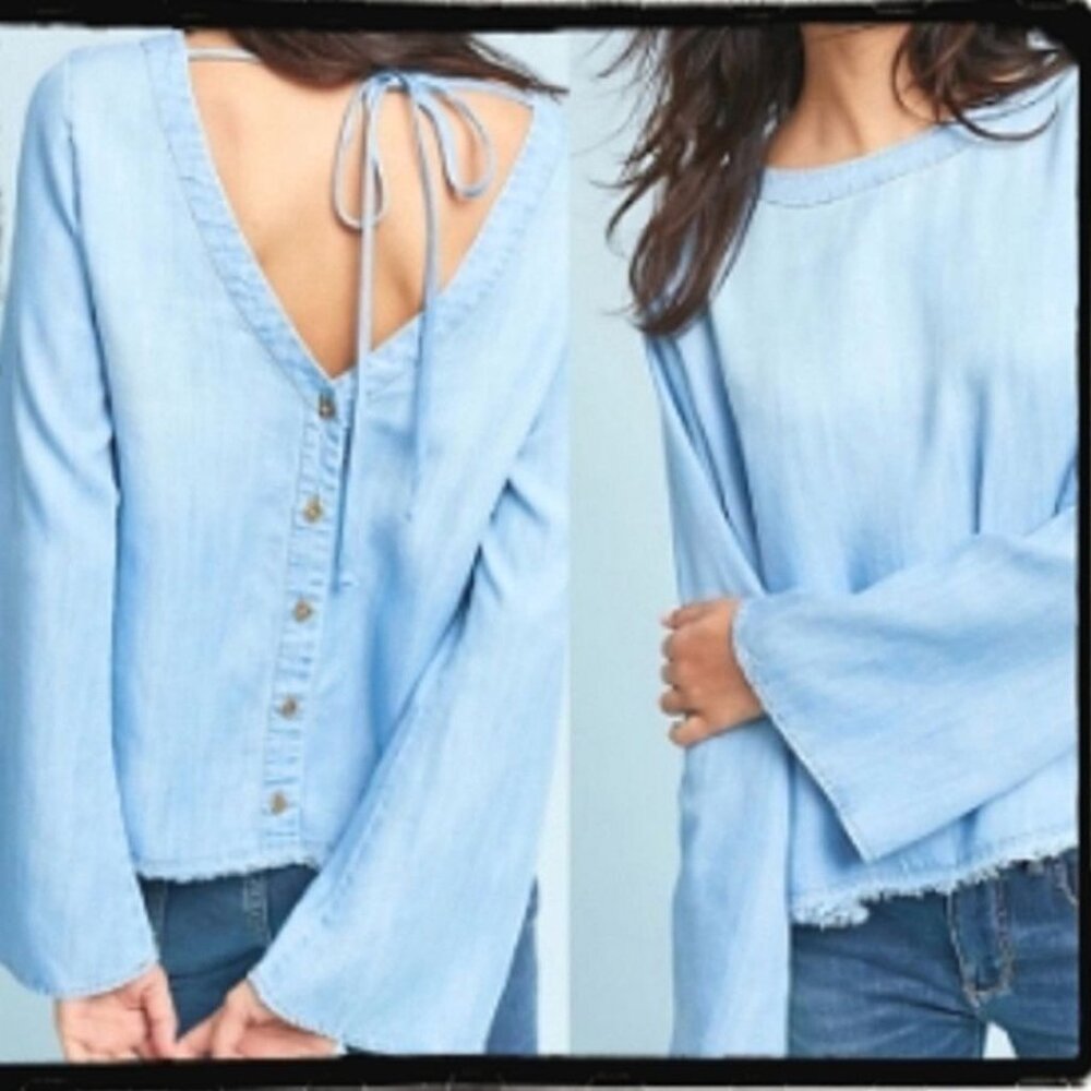 Cloth & Stone Chambray Open Back Bell Sleeve Top, M